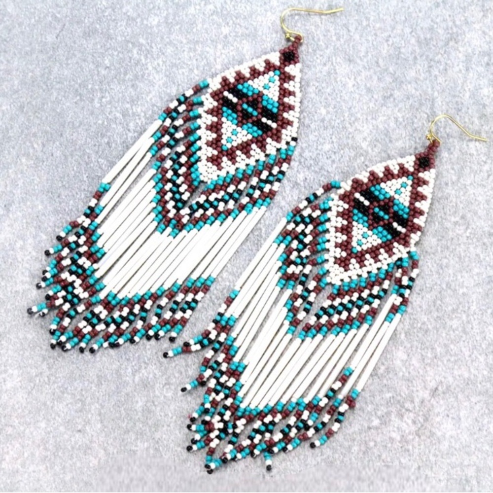 LAST PAIR: Western Aztec women’s cute seed bead long dangle fall earrings - Picture 1 of 3